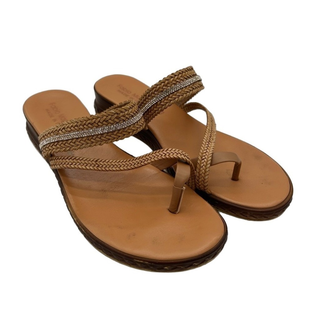 Fabio Maggenti Sandals Women's Size 8.5 Tan Braided Leather Rhinestone Italy